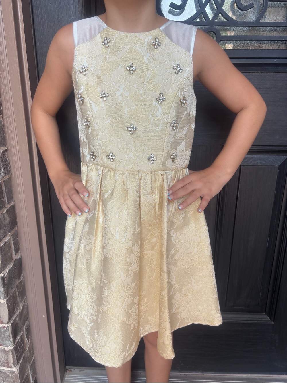 GB girls Gold Brocade Dress with Jewel Accents